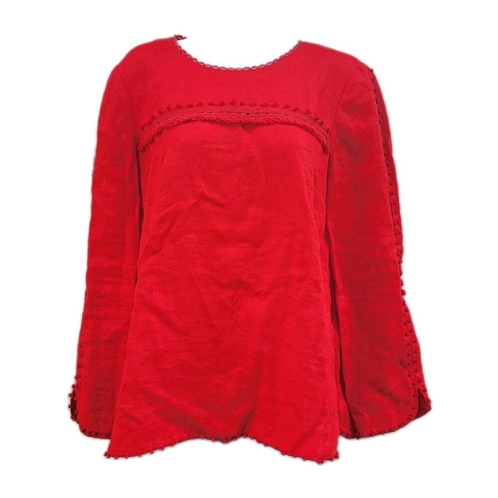 Wmns J. Crew 100% Linen Embroidered Fringe Top Red Size 6 Preppy Resort Coastal